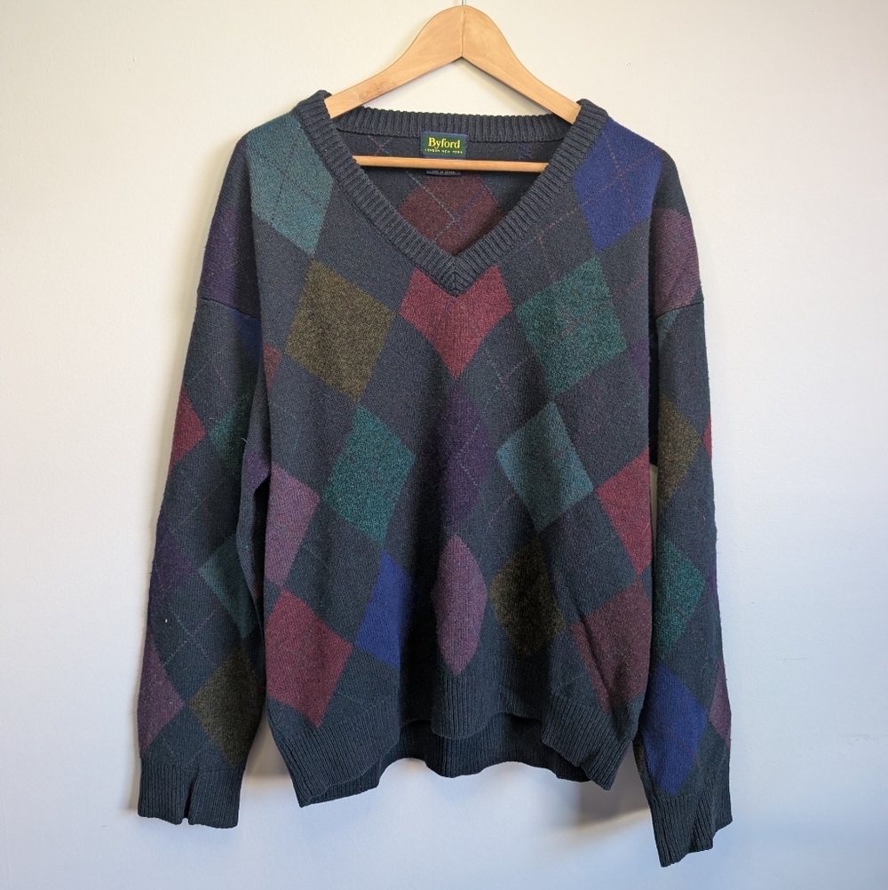 Vintage Byford Argyle Sweater Mens Large 100% Lambswool V-Neck Christmas Preppy